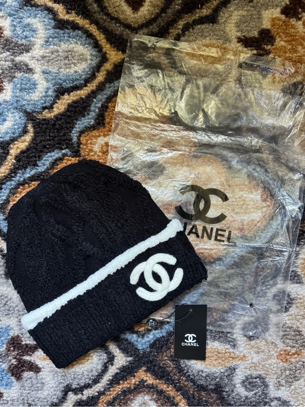 CHANEL Black and White CC Logo Knit Beanie
